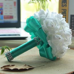 Mint Handmade Bridesmaid Wedding Decoration Foam Flowers Rose Bridal Bridemaid Wedding bouquet Satin Romantic Wedding bouquet cpa1318w