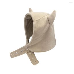 Berets Women Winter Hat Devil Ear Decor Adjustable Solid Color Plush Soft Keep Warm Casual Button Beanie Female Headdress