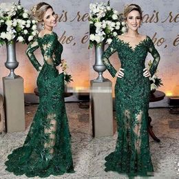 2023 Dark Green Mother of The Bride Dresses Sheer Jewel Neck Lace Appliques Long Sleeve Mermaid Formal Evening Prom Gowns295K