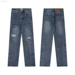 High Street Trendy Brand Distressed Geometric Pattern Straight Tube Washed Casual Jeans70aj