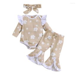 Clothing Sets Infant Baby Girl Fall Outfits Ruffled Floral Print Long Sleeve Romper Flare Pants Set With Headband 3Pcs