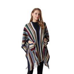 Scarves Women Spring Autumn Bohemia Shawl Lady Knitted Tassels Cardigan Coat Loose Woolen Yarn Wrap with Pocket Rainbow Stripe Manta 230818