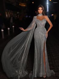 Party Dresses Grey Mermaid Evening One Long Sleeve V Neck Halter Cape Sequins Beaded Appliques 3D Lace Slit Prom Custom Made
