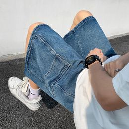 Men's Jeans Wide Leg Denim Shorts Fashion Loose Casual Elastic Waist Large Pocket Work