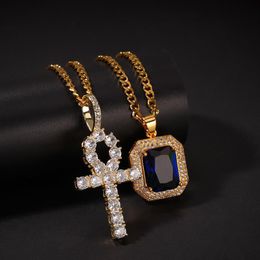 Egyptian Ankh Key of Life Bling Rhinestone Cross Pendant With Red Ruby Pendant Necklace Set Men Hip Hop Jewelry312S