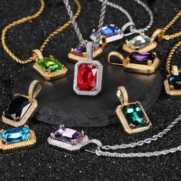 Colorful Square Gemstone Pendants Bling Full Cubic Zirconia Choker Chain Necklaces for Women Hip Hop Jewelry2811