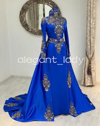 Royal Blue Muslim Caftan Evening Formal Dresses Luxury Lace Applique Beaded Henna Moroccan Prom Gown outfit