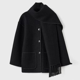 Designer Women's Jacket's Wool Jack Blends Contrast Single Breasted Women Coat with Scarf Long Sleeve Oversized Loose Tassles Jacket 2024 Autumng H670 COIS