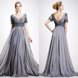 Short Sleeves Flowy Chiffon Mother of the Bride Dresses with Appliques Lace Long Formal Occasion Evening Gowns242C