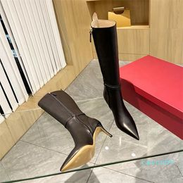 Heels Tall Boots Cowskin Side Zip Pointed Toe Buckle Knee-high Boots Luxury Designers Shoe