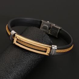 Cool Men Stainless Steel Bracelet Black Silicone Wristband With Golden Chain Wrap Cuff Bangle Fashion Jewelry