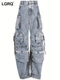 Women s Jumpsuits Rompers LGRQ Fashion Jeans Solid Colour Slim High Waist Straight Big Pockets Denim Cargo Pants Female Summer 2023 19J1999 230919