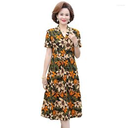 Casual Dresses Summer Women 2023 Middle-aged Short Sleeve High Waist Flower Print Party Dress Female Vestidos