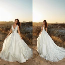 Cheap Eddy K A-line Wedding Dresses Sexy V-neck Sleeveless Backless Bridal Dress Tiered Satin Sweep Train Beach Bridal Go2873