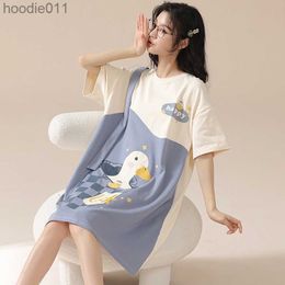 Women's Sleepwear Summer Women's Short Sleeved Pyjamas Cute Cartoon Loose Fitting Pyjamas Pure Cotton Long Style Breathable Home Clothing For Girl L230919