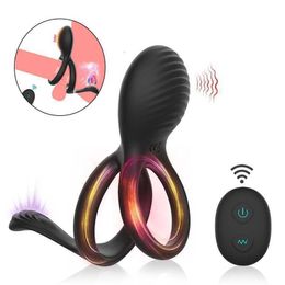 Sex Toy Massager Vibrating Dual Penis Ring Vibrator with 7 Vibration Stretchy Cock Rings for Man Male and Couples Play Prostate