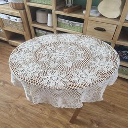 110CM Round crocheted tablecloth vintage style table cover chic pattern table topper in handmade - White and Beige Colour availab210q