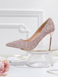 Dress Shoes Stunning2023 Red Women Pointed High Thin Heel Shallow Sequins Silver Single Wedding Bride