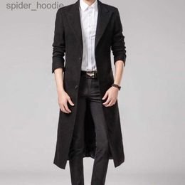 Men's Wool Blends Men Long Windbreaker Black Autumn Winter Woollen Jacket Korea Fashion Slim Business Male Overcoat Elegant Classic Trench Coats L230919