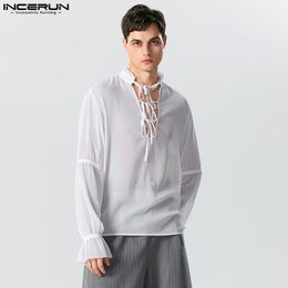 Men s Casual Shirts INCERUN Tops 2023 American Style Handsome Men Fashion Tie Solid Bubble Sleeve Design Long Sleeved Blouse S 5XL 230919
