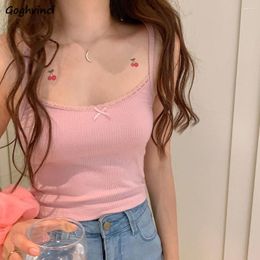 Women's Tanks Sweet Women Bow Lace Off Shoulder Basic Knitted Crop Tank Top Female Preppy Style All-match Chic Camis Cute Ulzzang Teens
