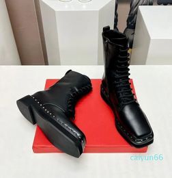 Women's Short Boots Matte Leather Face Shiny Leather Lace Up with Liuding Decoration