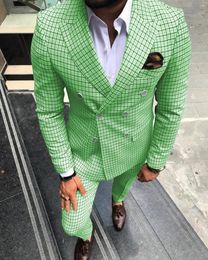 Men's Suits 2023 Men For Wedding Double Breasted Blazer Plaid Tuxedo 2 Pieces Mint Green Groomsmen (Blazer Pants)