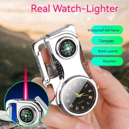 Multifunctional Windproof Gas Jet Lighter Refill Outdoor Lighter with Compass Bottle Opener Real Watch Lighter Inflated Smoking Gadgets