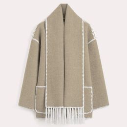 Wool Jack Designer Mieszanki damskiej kurtki kontrastują samotnie piersi płaszcz z szalikiem o długim rękawie Ogromna luźna kurtka z frędzlami 2024 AUTUMNG H670 1 24DR