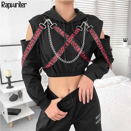 Rapwriter Casual Metal Chain Patchwork Letter Ribbon Long Sleeve Hoodies Women Fall Winter Black Harajuku Pullover Crop Top T20040295K