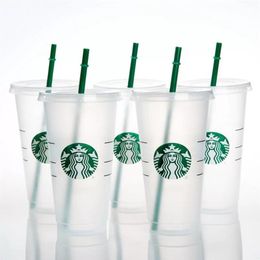 Starbucks Mugs 24oz 710ml Plastic Tumbler Reusable Black Drinking Flat Bottom Cups Pillar Shape Lid Straw FY4448 0626204W