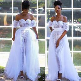 White Jumpsuit Wedding Dresses Bridal Gowns with Detachable Train Vestidos De Novia Sweetheart Pant Suit Short Sleeve Outfit176r