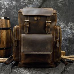 Briefcases Crazy Horse Leather Men Backpack Soft Cow Skin Vintage Men's Genuine Travel Weekend Bag Outdoor Big Size