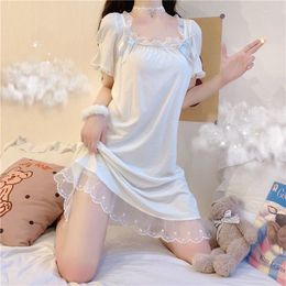 Женская шнурная одежда кружевная ночная рубашка корейское ночное платье в стиле один кусок пижамы белый летний сон рюша с короткими рукава