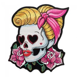 Loving Eyes Pin Up Girl Skull & Pink Rose Patch Ladies Back Embroidered Iron On Patches 7 8 5 INCH 234L