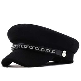 Utumn Winter Chain Black Military Berets for Women Female Flat Army Cap Salior Hat Girl Travel Ladies Painters 230920