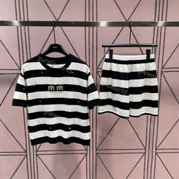 Womens Shorts Short Sleeve Two Piece Knitted Black White Striped Patchwork Suit Slim Ccrew Neck Top Girls Casual Suit221t