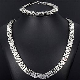 New Style Jewlery Set 8mm Silver Tone Flat byzantine chain necklace & bracelet 316L Stainless Steel Bling for Fashion mens XMAS Gi304Q