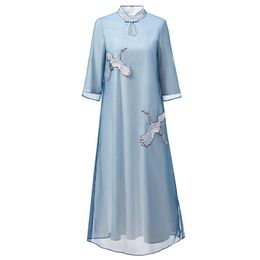 Basic Casual Dresses 2023 early spring Chinese style organza crane embroidery retro improved cheongsam dress in the long dresses 230919