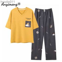 Women's Sleepwear Cute Plus Size 2 Piece Set Women 4XL 5XL Summer Short Sleeve Long Pants Pajamas for Woman Cartoon Sleepwear Girl Cotton Pijamas L230919