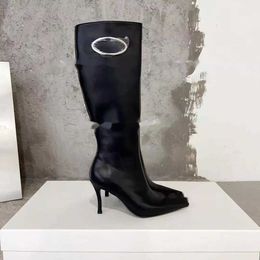 Botas de tornozelo de patente Botas de desenhista Mulheres D-Eclipse Bota Moda Diese Runway Joelho-alta Bota Revestida Tecido Stretch Apontado Salto Fino Bota com Zíper