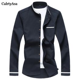 CalrtyAsa Chinese Style Pure Colour Oxford Shirt Men Fashion Casual Mandarin Collar Long Sleeve Shirt Social Man Denim Blue265Y