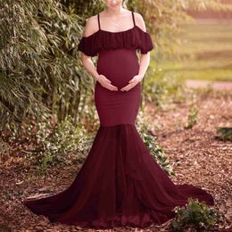 Maternity Dresses Maternity Tail Long Dress Women Pregnants Photography Props Off Shoulder Ruffled Short Sleeve Solid Colour Party Dress Vestidos