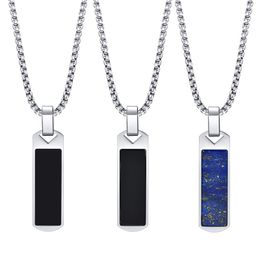 Men's Fashion Stainless Steel Lapis Lazare Agate Drop Glue Rectangular Necklace Pendant 24inch PN-1890