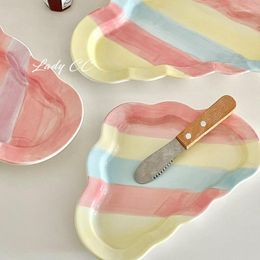 Plates LadyCC Colourful Cloud Dinner Plate Ceramic Hand-painted Kawaii Dessert Flat