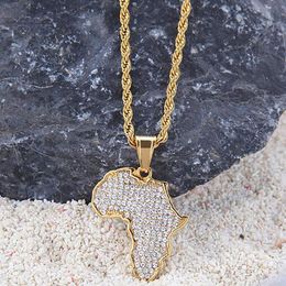 18k Gold Plated Iced Out Africa Map Pendant Stainess Steel Necklace with 3mm 24inch Rope chian259N