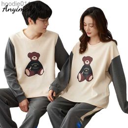 Women's Sleepwear Kawaii Bear Print New Pyjamas for Couple Autumn Winter Waffle Cotton Pijamas Long Sleeves Sleepwear Fashion O-neck Loungewear L230919