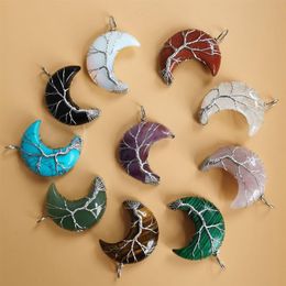 10PCS Lot Tree of Life Crescent Moon Shape Pendant Silvertone Wire Wrap Natural Gemstones Healing Crystal Women Necklace229O