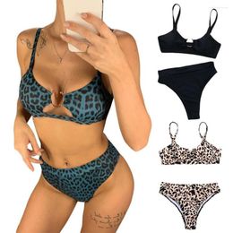 Women's Swimwear Women Sexy Leopard Snake Print Swimsuit Padded Bra Low Rise Briefs Bikini Set With Semicircle Ring Summer Swimsuits For
