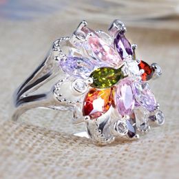 Cluster Rings YaYI Jewelry Fashion Princess Cut Multi-Color Huge Flower Cubic Zirconia Silver Color Engagement Wedding Party LoversRings